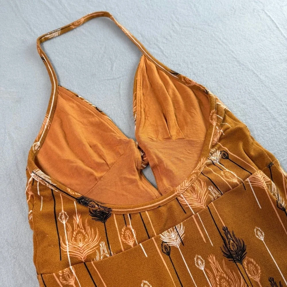 Free People Hippie Halter Mini Dress XS Peacock Feather Boho Earthy Festival